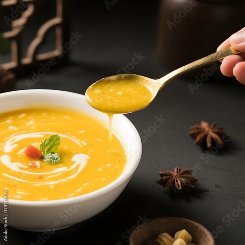 4k high quality Ai generative HD photo realistic bowl soup cream corn jagung sup krim mangkok hangat panas hot healthy vegetable pumpkin