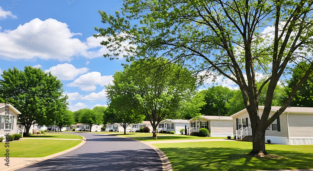 Fototapeta premium Suburban Street Lined with Mobile Homes and Lush Green Trees Under Blue Sky mobile home park