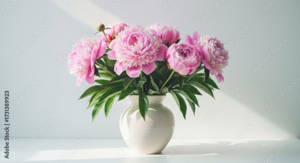 Fototapeta premium Pink peony flowers in white vase, basking in bright light against white wall