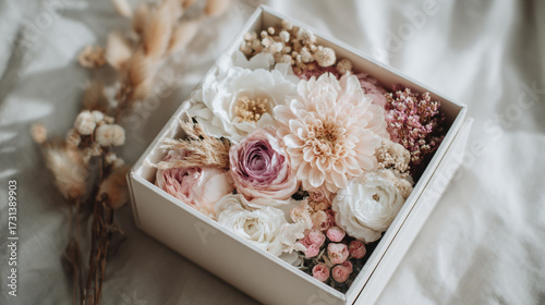 A white gift box filled with an elegant assortment of preserved pink white and cream flowers including roses dahlias and dried grasses resting on a soft fabric in gentle light