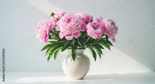 Wallpaper Mural Pink peony flowers in white vase, basking in bright light against white wall Torontodigital.ca