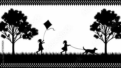 Silhouette of two girls playing with a kite and a dog in a park with trees and decorative borders design