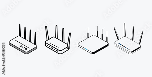 Isometric routers collection for wireless connection isolated on white background