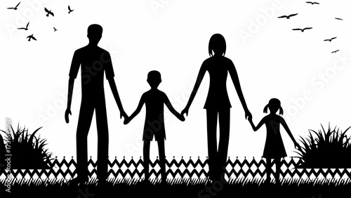 Silhouette of a family holding hands with birds flying overhead and a fence and grass below them all