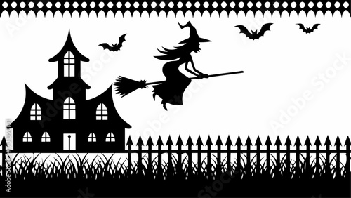 Silhouette of a witch flying on a broomstick over a haunted house with bats and a picket fence design