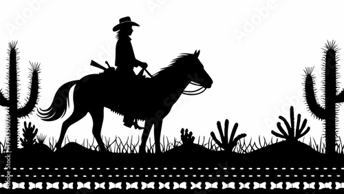 Silhouette of a cowboy riding a horse through a desert landscape with cacti and decorative border art