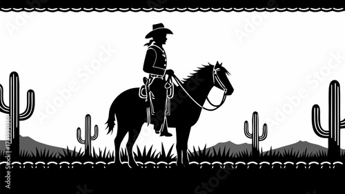 Silhouette of cowboy riding horse in desert landscape with cacti and mountains in black and white design