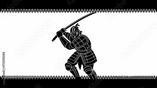Silhouette of a samurai warrior in armor wielding a katana sword against a decorative border design