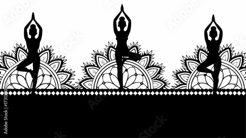 Silhouette of three women in tree pose yoga on mandala background with black border at the bottom area