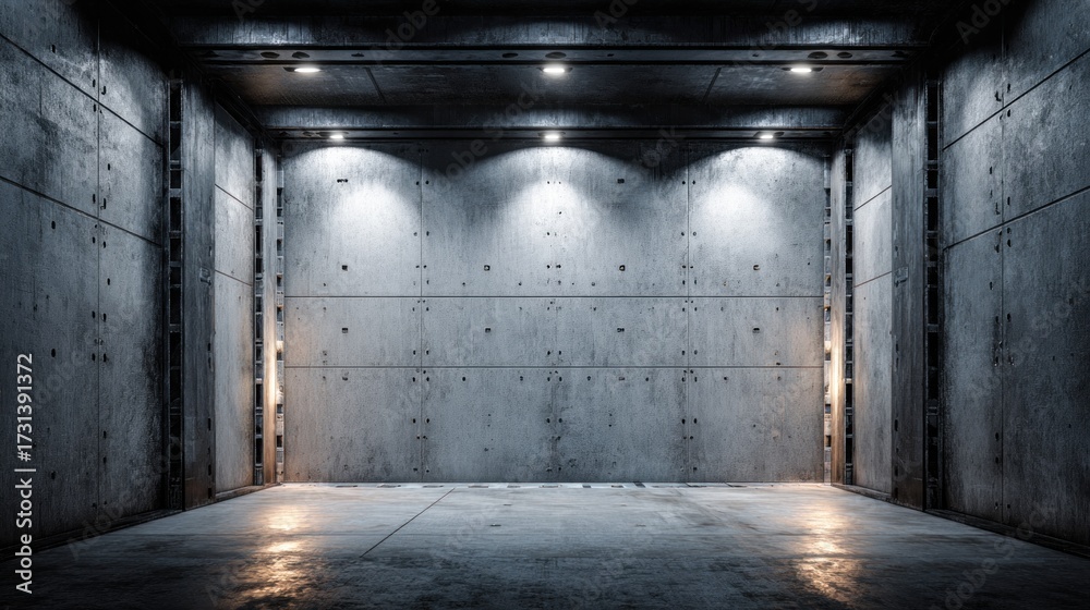 Obraz premium Professional construction background, industrial theme with concrete walls and steel beams, textured surfaces, strong lighting contrast, metallic tones, balanced layout with clean space for branding.