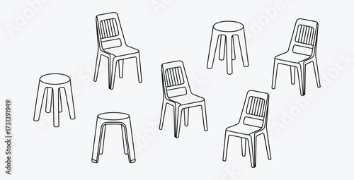 Outline Drawing of Chairs and Stools for Interior Design Illustration
