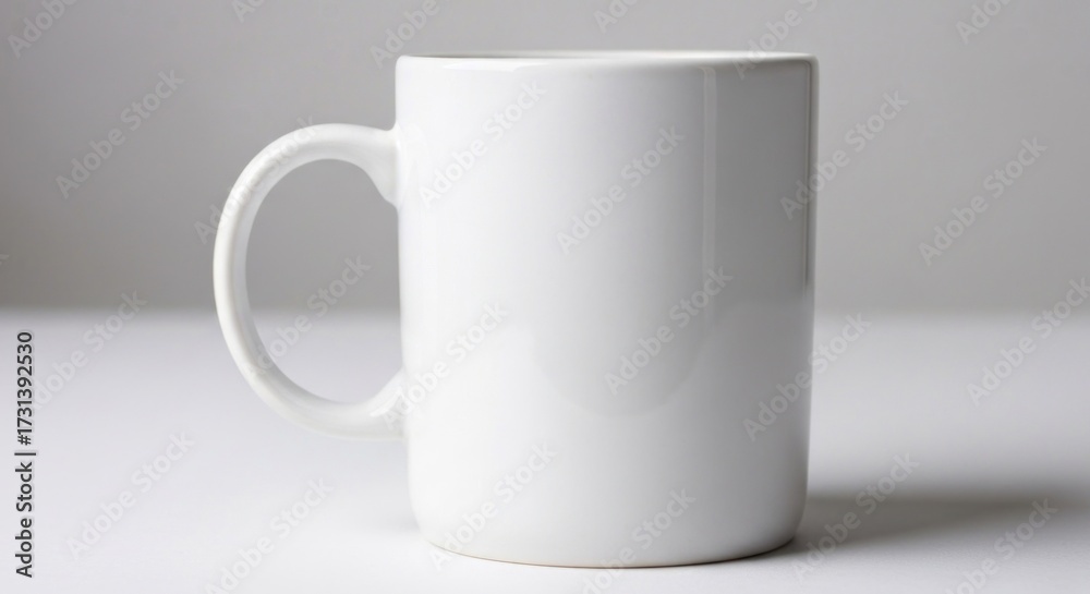 Fototapeta premium Simple white ceramic mug sits centered on a white surface with a light gray backdrop