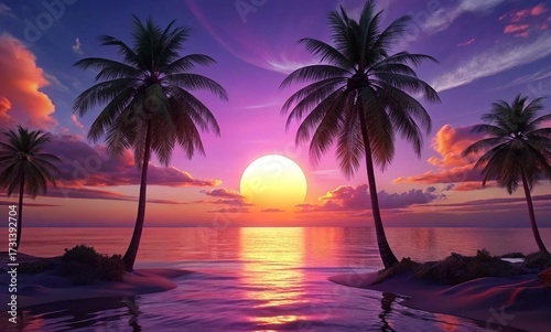 A vibrant digital painting of a tropical sunset with palm trees silhouetted against a colorful sky, casting reflections on a calm ocean.