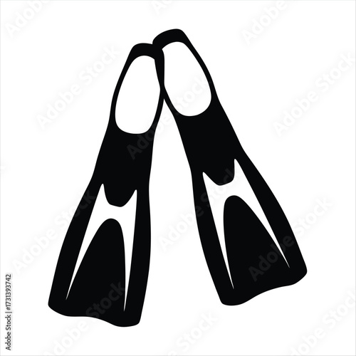 Two black diving fins, providing propulsion for underwater activities, swimming, snorkeling