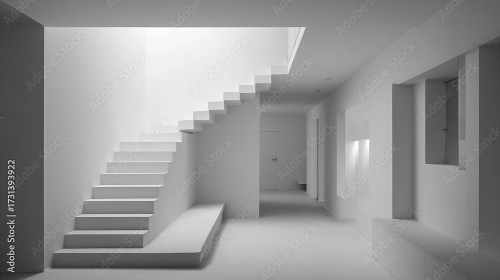 Fototapeta premium A minimalist white staircase ascends towards natural light in a stark modern hallway creating a play of light and shadow on the geometric forms