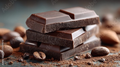 Close-up of a stack of four dark chocolate bars with a glossy surface and textured edges, surrounded by scattered coffee beans on a rustic surface