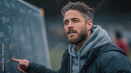 Professional man with beard and hairstyle standing outdoors in a casual jacket and hoodie, holding a tablet and looking thoughtfully into the distance du daytime