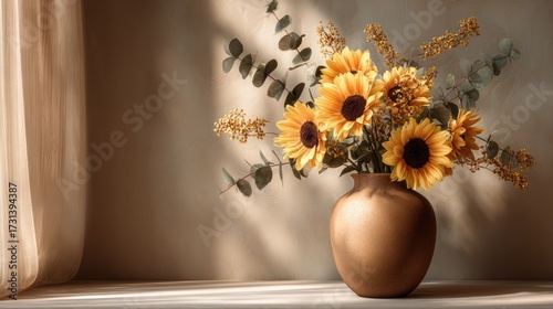 Elegant Still Life of a Large Sunflower Arrangement in a Round Ceramic Vase Placed on a Light Surface with Sunlight and Shadow Effects on a Soft Neutral Background