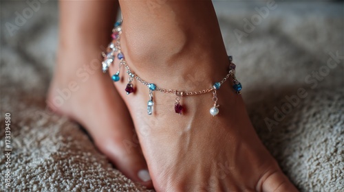 Close-up of a woman's ankle adorned with a delicate beaded anklet featu colorful gemstones and pearl charms, resting on a textured surface with soft lighting