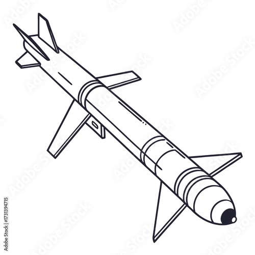 A detailed black and white line art illustration of a modern military missile with fins and a pointed nose cone isolated on a white background representing aerospace and defense technology
