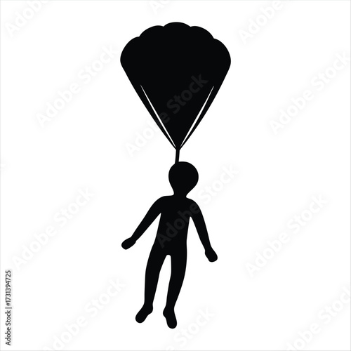 Silhouette illustration of a person skydiving with a parachute on white background