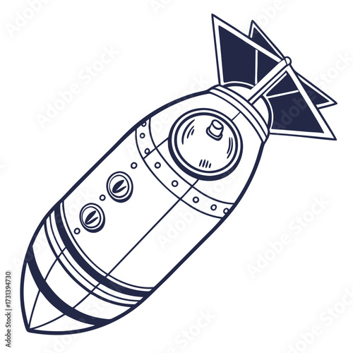 A detailed line drawing illustration of a vintage aerial bomb with fins and rivets depicted in a simple graphic style on a white background