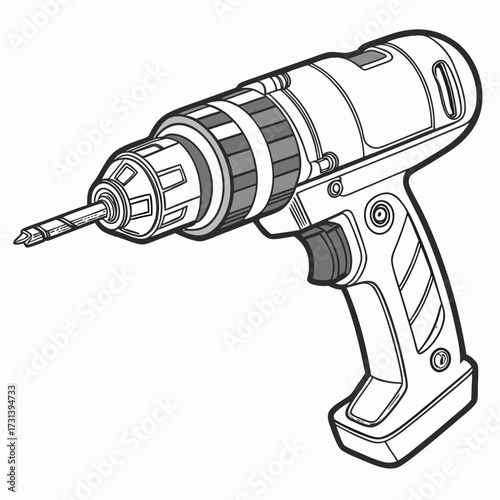 A detailed black and white line art illustration of a cordless power drill with a drill bit attached isolated on a white background showcasing its ergonomic design and functional components
