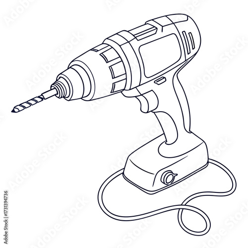 A detailed line art illustration of a cordless power drill with a drill bit attached to the chuck and a charging base with a cable presented on a clean white background