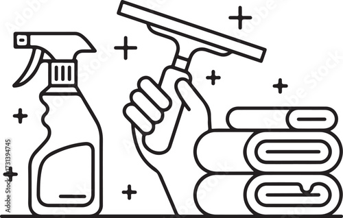 Minimalist Black and White Cleaning Tools Illustration Set with Spray Bottle, Squeegee, and Towels
