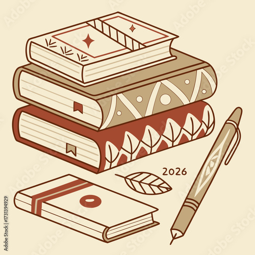 A stack of vintage style books with decorative covers next to a pen and a single leaf suggesting learning and planning for the year 2026