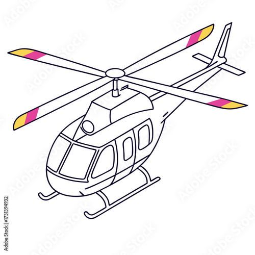 A simple outline drawing of a modern helicopter with pink and yellow accents on its rotor blades and tail rotor isolated on a white background presented in an isometric perspective