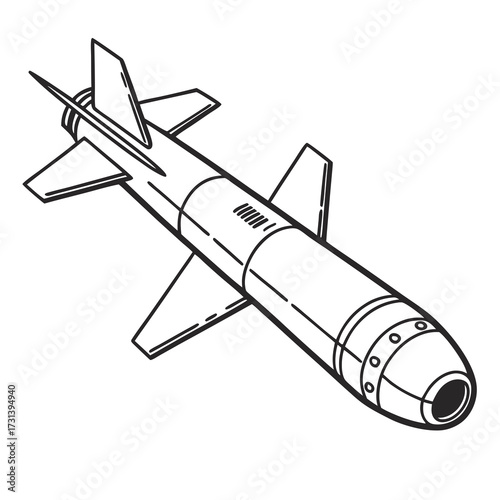 A stylized black and white line drawing illustration of a missile with fins and a pointed nose isolated on a white background representing military technology and weaponry