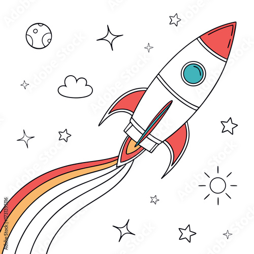 A whimsical cartoon rocket ship blasting off into outer space leaving a colorful rainbow trail surrounded by stars a moon and a sun illustration