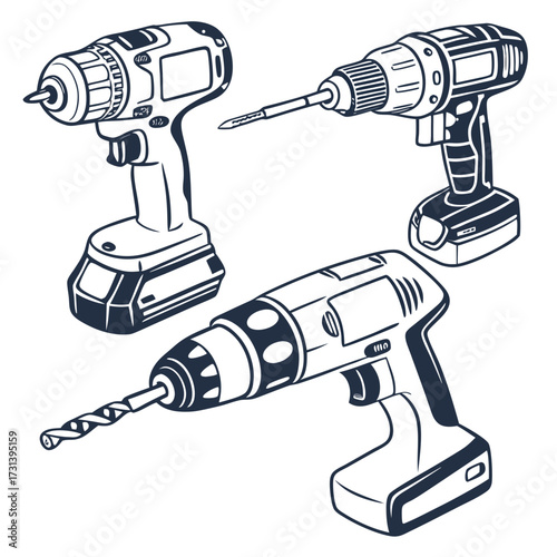Collection of three distinct cordless power drills and one electric screwdriver with drill bits and screw bits isolated on a white background in a clean graphic illustration style