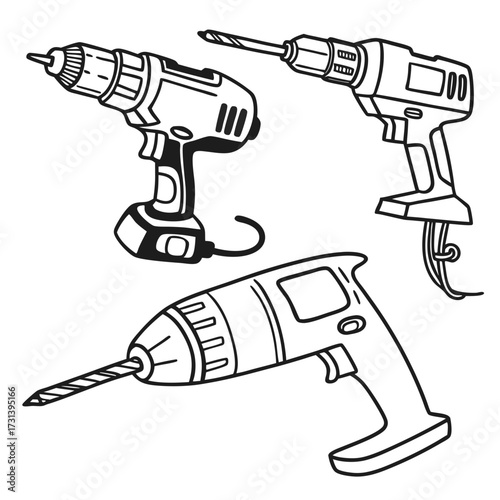 Collection of three hand drawn outline illustrations of cordless and corded power drills with drill bits for construction and diy projects on a white background