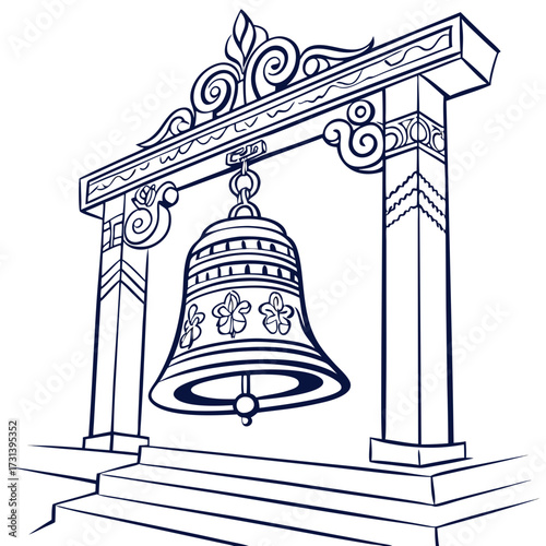 Ornate traditional bell hanging from an elaborate decorative archway structure with steps leading up to it symbolizing tradition and celebration