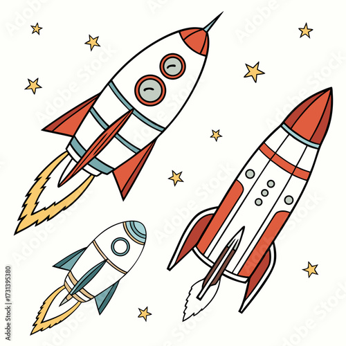Three cartoon rockets with fiery exhaust trails and yellow stars against a white background representing space exploration and adventure
