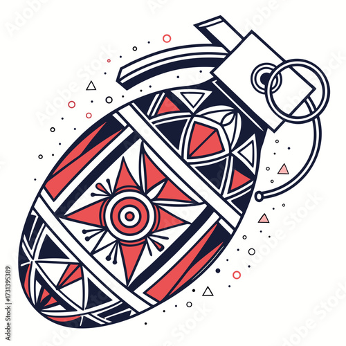 Stylized hand grenade with intricate geometric patterns and decorative elements in red and dark blue on a white background