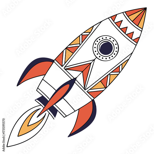Whimsical retro rocket ship illustration with geometric patterns and fiery exhaust in vibrant orange and yellow colors on a clean white background