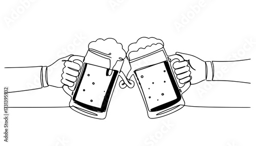 Two Beer Mugs Cheers One Line Drawing Celebrate Festivity Vector

