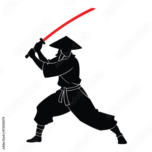 Minimalist Samurai Warrior with Katana Sword Vector Design.