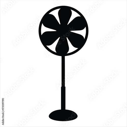 Black silhouette of a standing fan with seven blades and a base