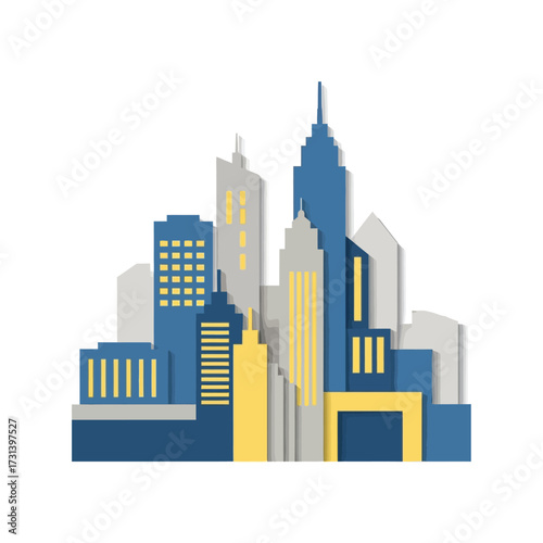 Stylized urban cityscape illustration featuring modern buildings in a vibrant flat design, representing metropolitan development and contemporary growth