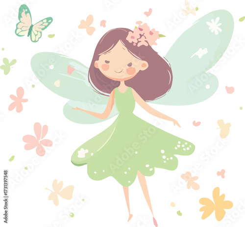 Two happy little girls in hats and dresses running through a grassy field holding flowers