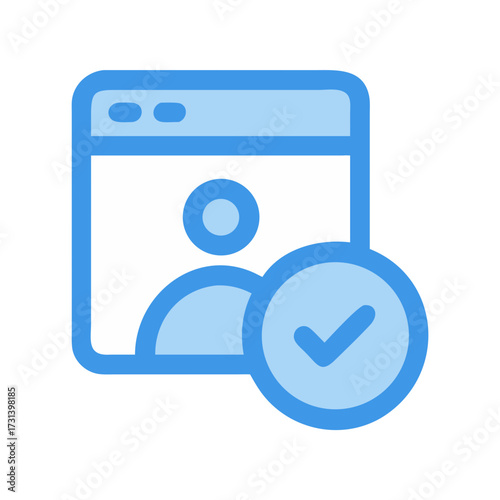 Profile verification icon with tick mark, flat design style