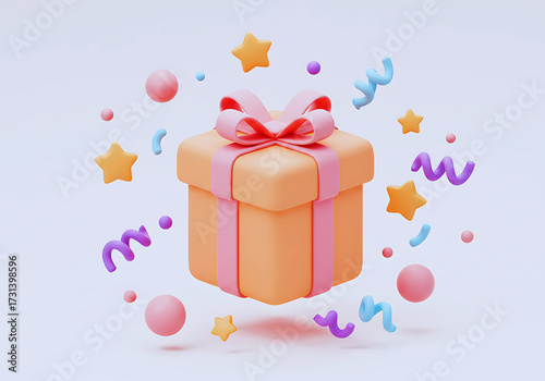 A gift with confetti for a holiday party. On a dark blue background. Celebration of the new year, birthday, anniversary. Iillustration of 3d rendering.