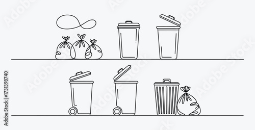 Vector illustration of different trash cans and garbage bags disposal concepts
