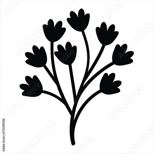 Stylized black and white plant illustration with abstract flowers or buds