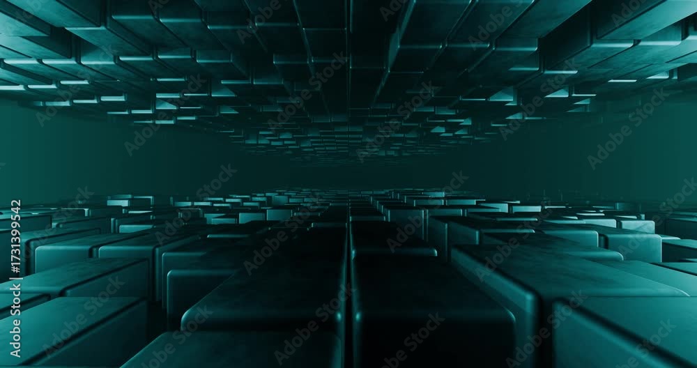 Animação 3D abstrata de blocos/cubos com bordas arredondadas formando um túnel simétrico em tom teal. As fileiras se movem em ondas suaves criando efeito de profundidade e ritmo tecnológico