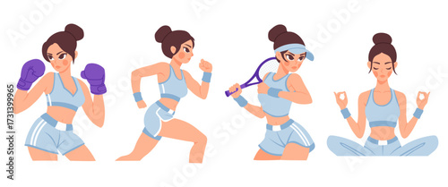 Woman in sports clothes doing boxing, running, tennis and yoga. Sports training. Cartoon vector illustration.